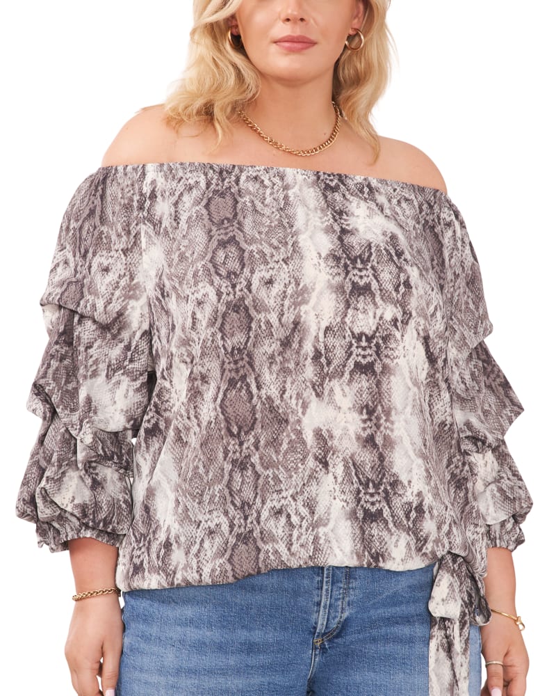 Front of a model wearing a size 1X Arleth Off The Shoulder Blouse in RICH BLACK by Vince Camuto. | dia_product_style_image_id:261012